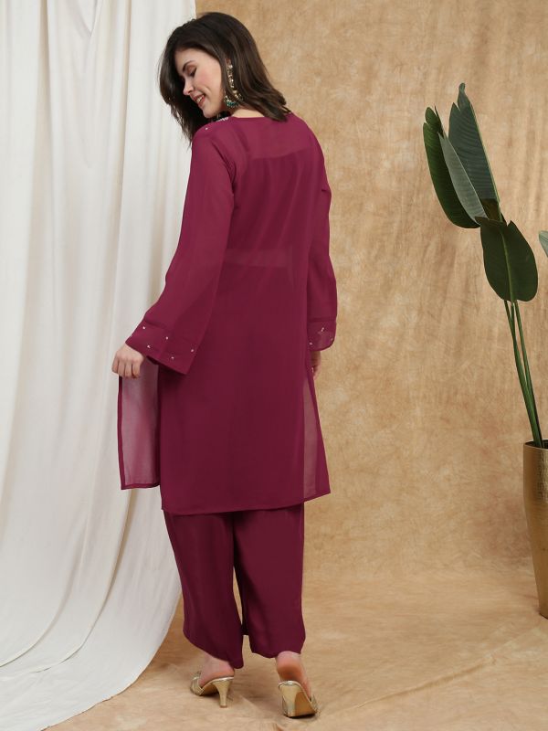 Globus Women Maroon V-Neck Bell Sleeves Sequin Embellished Detail Kurta with Crop Top & Wide Leg Trouser Festive Set