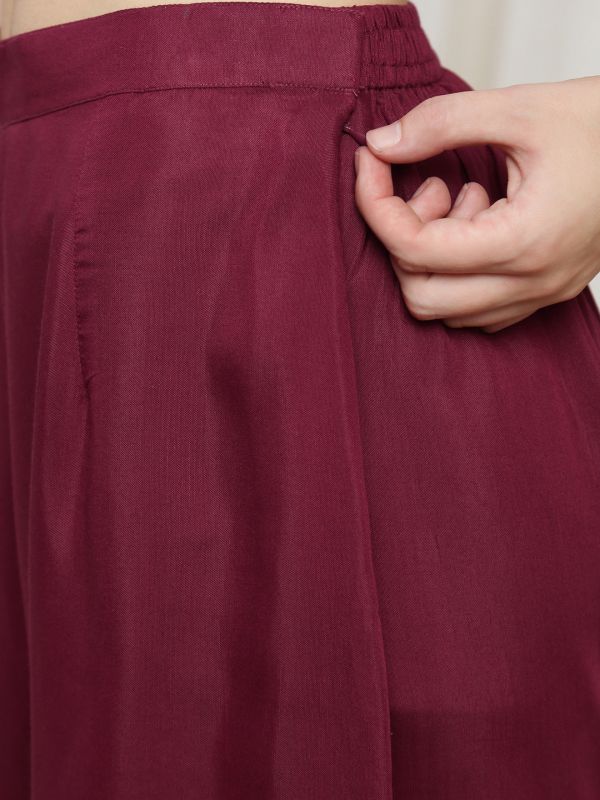 Globus Women Maroon V-Neck Bell Sleeves Sequin Embellished Detail Kurta with Crop Top & Wide Leg Trouser Festive Set