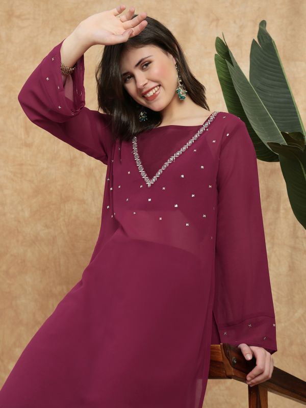 Globus Women Maroon V-Neck Bell Sleeves Sequin Embellished Detail Kurta with Crop Top & Wide Leg Trouser Festive Set