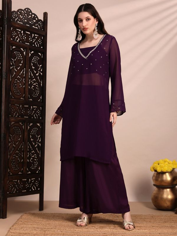 Globus Women Purple V-Neck Bell Sleeves Sequin Embellished Detail Kurta with Crop Top & Wide Leg Trouser Festive Set