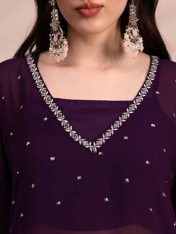 Globus Women Purple V-Neck Bell Sleeves Sequin Embellished Detail Kurta with Crop Top & Wide Leg Trouser Festive Set