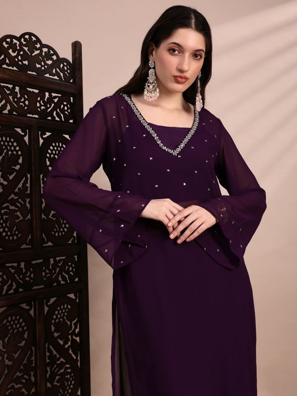 Globus Women Purple V-Neck Bell Sleeves Sequin Embellished Detail Kurta with Crop Top & Wide Leg Trouser Festive Set