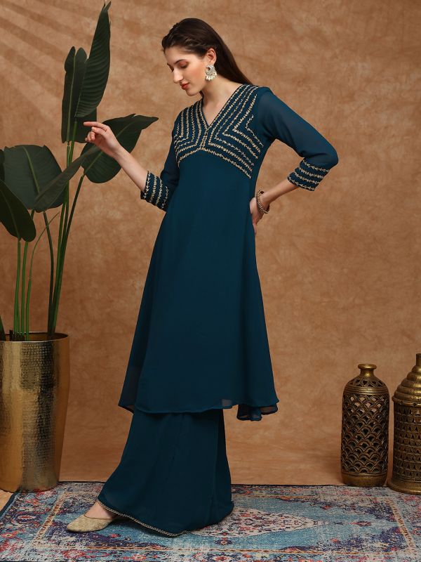 Globus Women Teal V-Neck Floral Zari Embroidered Yoke Georgette A-Line Kurta With Sharara Festive Set