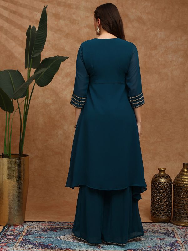 Globus Women Teal V-Neck Floral Zari Embroidered Yoke Georgette A-Line Kurta With Sharara Festive Set