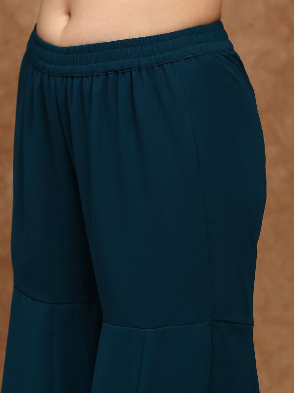 Globus Women Teal V-Neck Floral Zari Embroidered Yoke Georgette A-Line Kurta With Sharara Festive Set