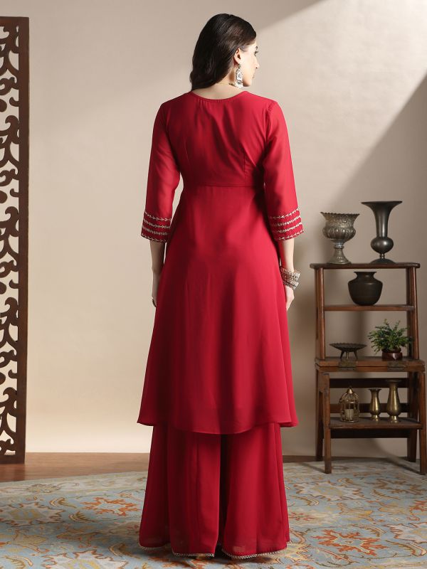 Globus Women Red V-Neck Floral Zari Embroidered Yoke Georgette A-Line Kurta With Sharara Festive Set