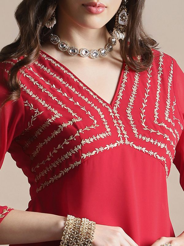 Globus Women Red V-Neck Floral Zari Embroidered Yoke Georgette A-Line Kurta With Sharara Festive Set