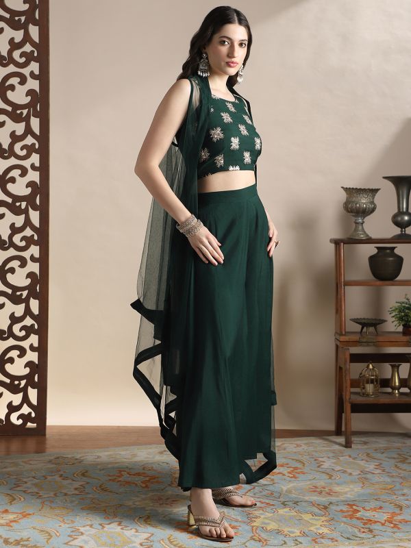 Globus Women Green Strappy Sleeve Sequin Embroidered Crop Top With Flared Palazzos & Asymmetric Hem Shrug Festive Coords Set