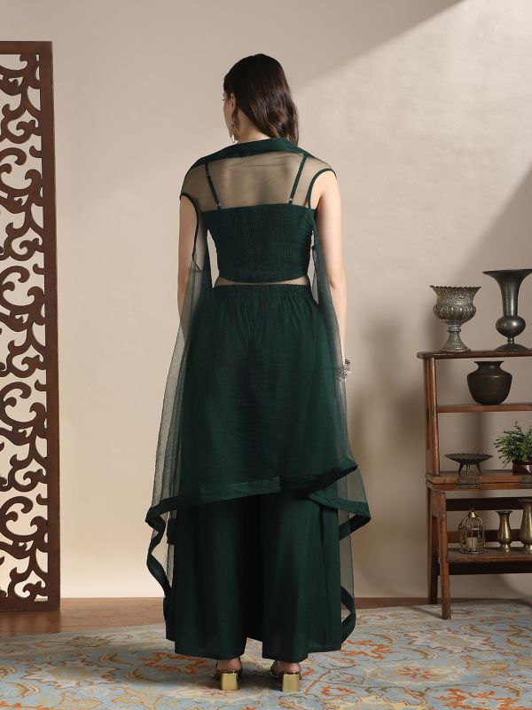 Globus Women Green Strappy Sleeve Sequin Embroidered Crop Top With Flared Palazzos & Asymmetric Hem Shrug Festive Coords Set