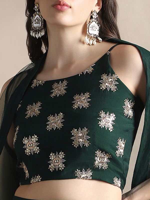 Globus Women Green Strappy Sleeve Sequin Embroidered Crop Top With Flared Palazzos & Asymmetric Hem Shrug Festive Coords Set