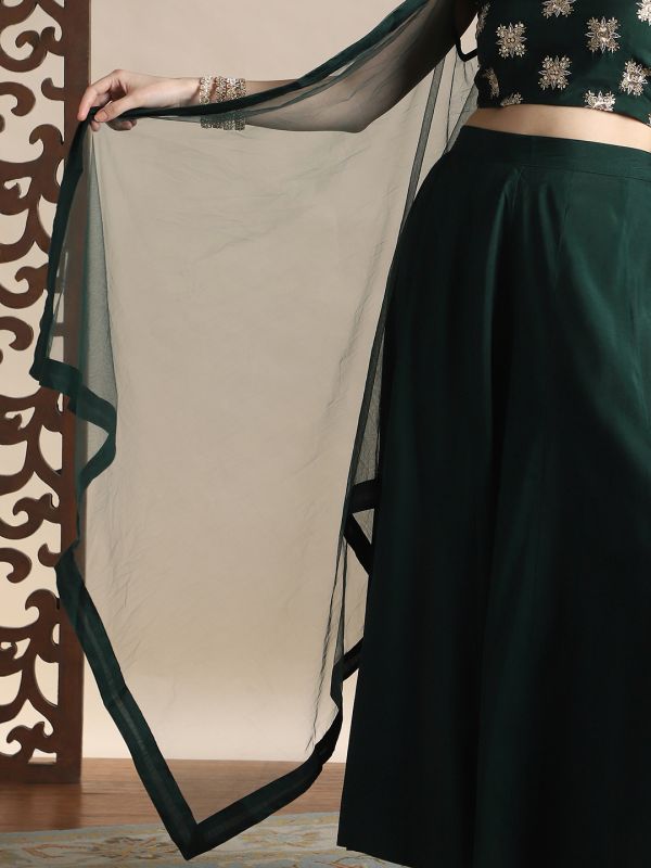 Globus Women Green Strappy Sleeve Sequin Embroidered Crop Top With Flared Palazzos & Asymmetric Hem Shrug Festive Coords Set