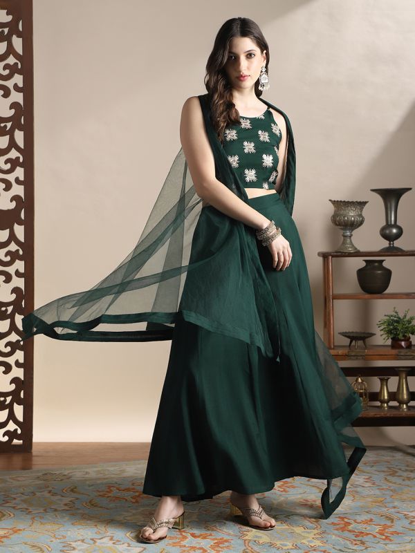 Globus Women Green Strappy Sleeve Sequin Embroidered Crop Top With Flared Palazzos & Asymmetric Hem Shrug Festive Coords Set