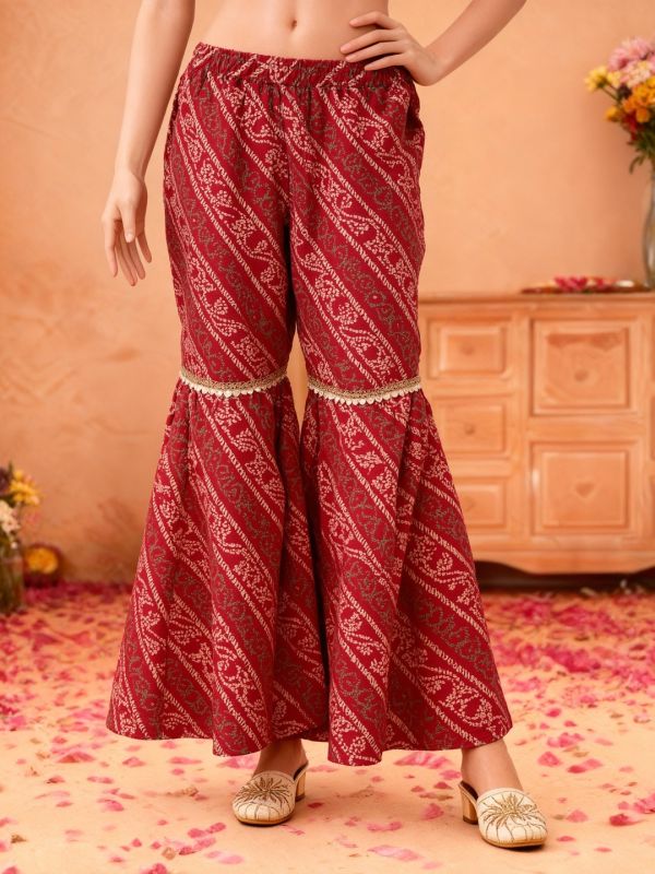 Globus Women Red Bandhani Ethnic Gold Foil Print V-Neck Kimono Sleeves Lace Detail Kaftan Tunic & Sharara Festive Co-Ord Set