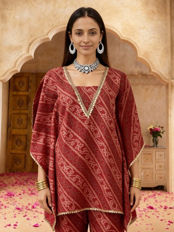 Globus Women Red Bandhani Ethnic Gold Foil Print V-Neck Kimono Sleeves Lace Detail Kaftan Tunic & Sharara Festive Co-Ord Set