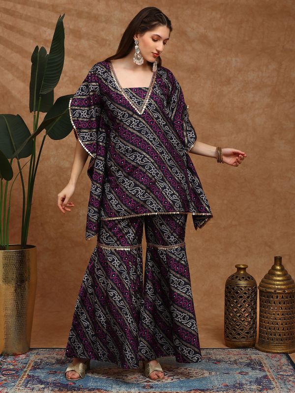 Globus Women Navy Blue Bandhani Ethnic Gold Foil Print V-Neck Kimono Sleeves Coin Detail Tunic & Sharara Festive Co-Ord Set