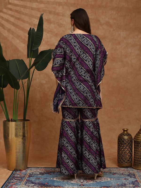 Globus Women Navy Blue Bandhani Ethnic Gold Foil Print V-Neck Kimono Sleeves Coin Detail Tunic & Sharara Festive Co-Ord Set