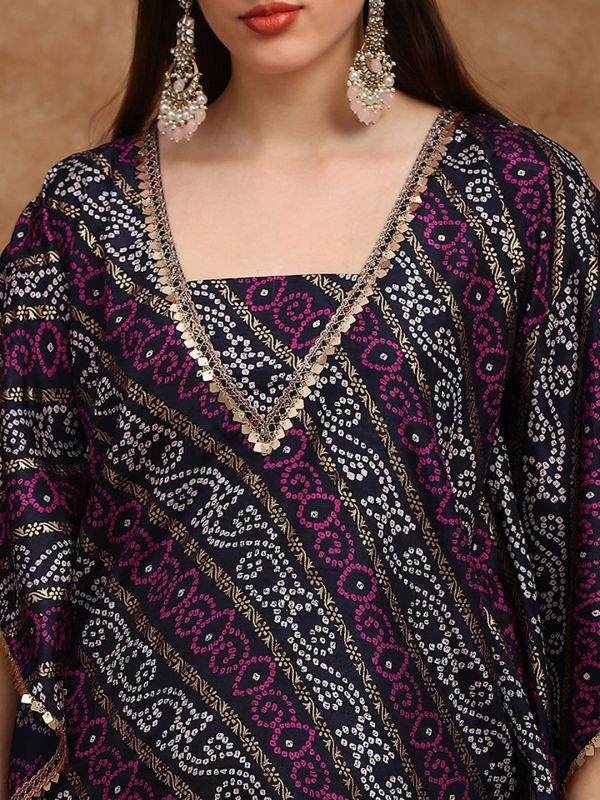 Globus Women Navy Blue Bandhani Ethnic Gold Foil Print V-Neck Kimono Sleeves Coin Detail Tunic & Sharara Festive Co-Ord Set