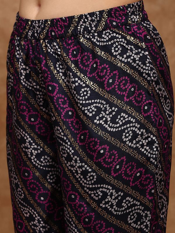 Globus Women Navy Blue Bandhani Ethnic Gold Foil Print V-Neck Kimono Sleeves Coin Detail Tunic & Sharara Festive Co-Ord Set
