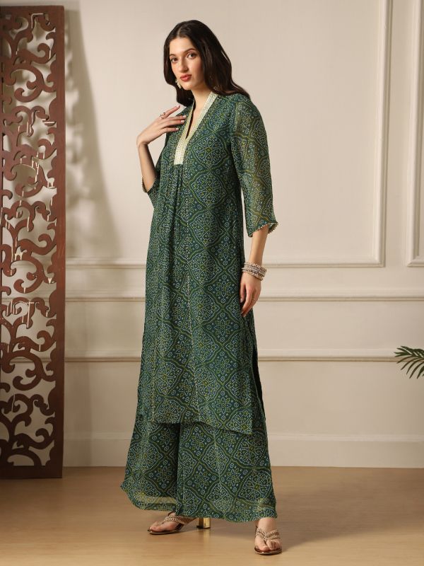 Globus Women Green Zari Lace V-Neck Bandhani Print Panelled Gotta Patti Georgette A-Line Kurta &�Palazzos Festive Set