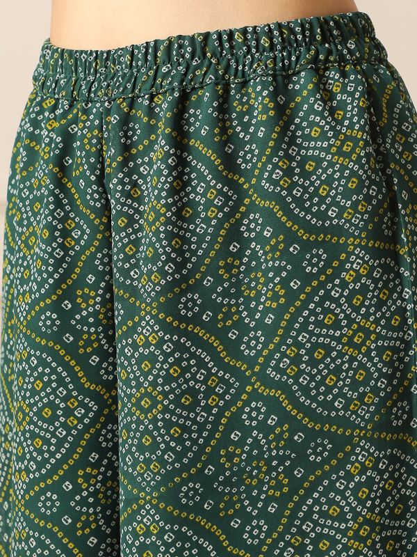Globus Women Green Zari Lace V-Neck Bandhani Print Panelled Gotta Patti Georgette A-Line Kurta &�Palazzos Festive Set