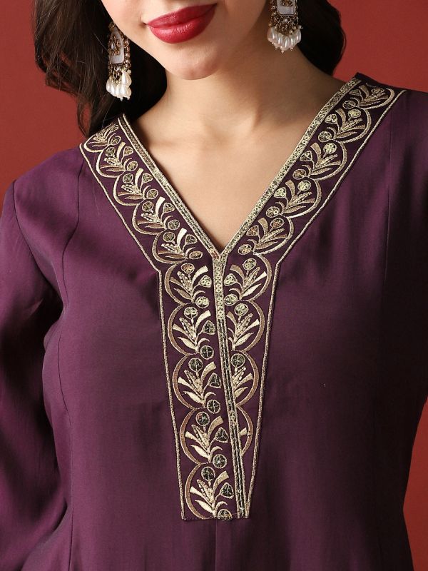Globus Women Purple Zari Embroidered V-Neck Panelled Anarkali Kurta & Wide Leg Pants Festive Set