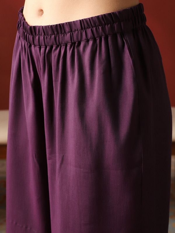Globus Women Purple Zari Embroidered V-Neck Panelled Anarkali Kurta & Wide Leg Pants Festive Set