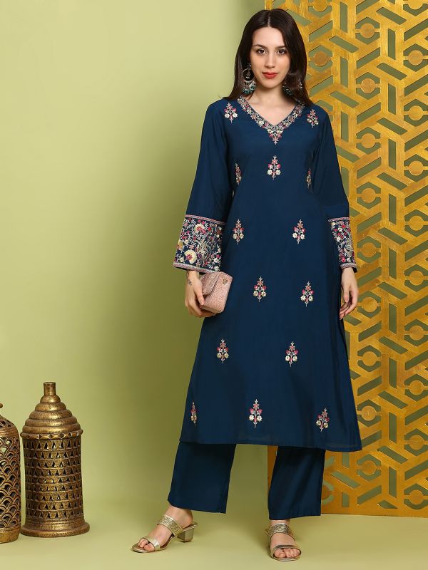 Globus Women Navy Blue Floral Sequin Embroidered V-Neck Bell Sleeves A-Line Kurta With Wide Leg Pants Festive Set