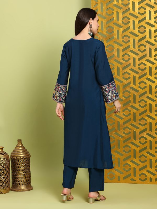 Globus Women Navy Blue Floral Sequin Embroidered V-Neck Bell Sleeves A-Line Kurta With Wide Leg Pants Festive Set