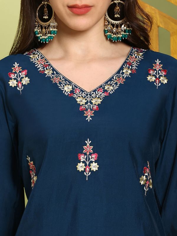 Globus Women Navy Blue Floral Sequin Embroidered V-Neck Bell Sleeves A-Line Kurta With Wide Leg Pants Festive Set