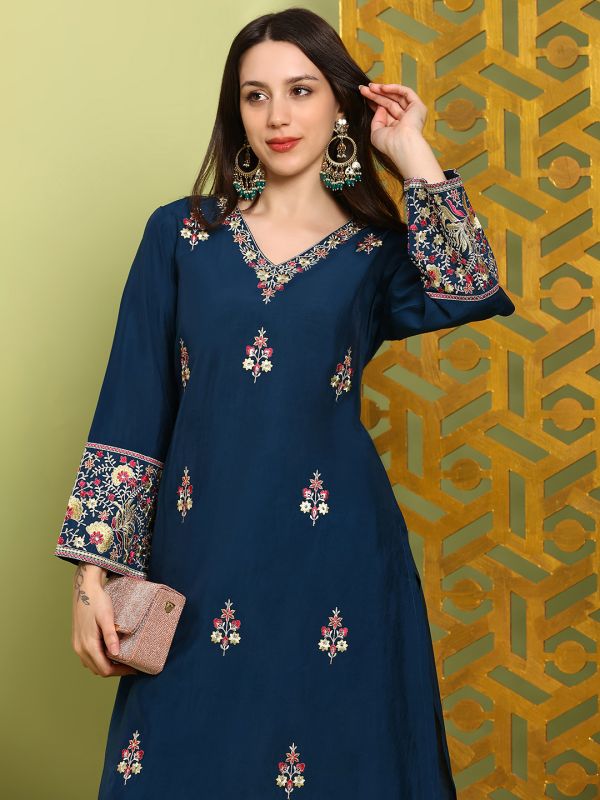 Globus Women Navy Blue Floral Sequin Embroidered V-Neck Bell Sleeves A-Line Kurta With Wide Leg Pants Festive Set
