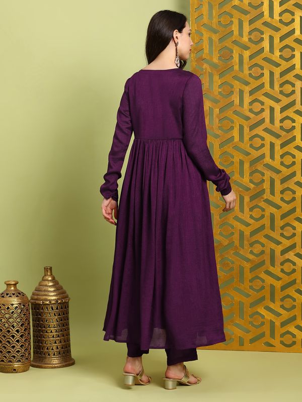 Globus Women Purple Sequin Embroidered Keyhole Neck Anarkali Kurta With Wide Leg Pants Festive Set
