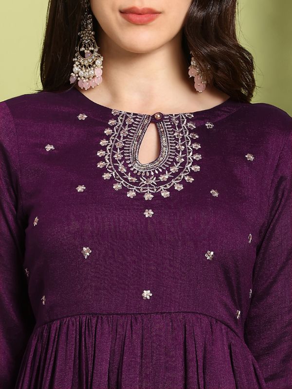 Globus Women Purple Sequin Embroidered Keyhole Neck Anarkali Kurta With Wide Leg Pants Festive Set