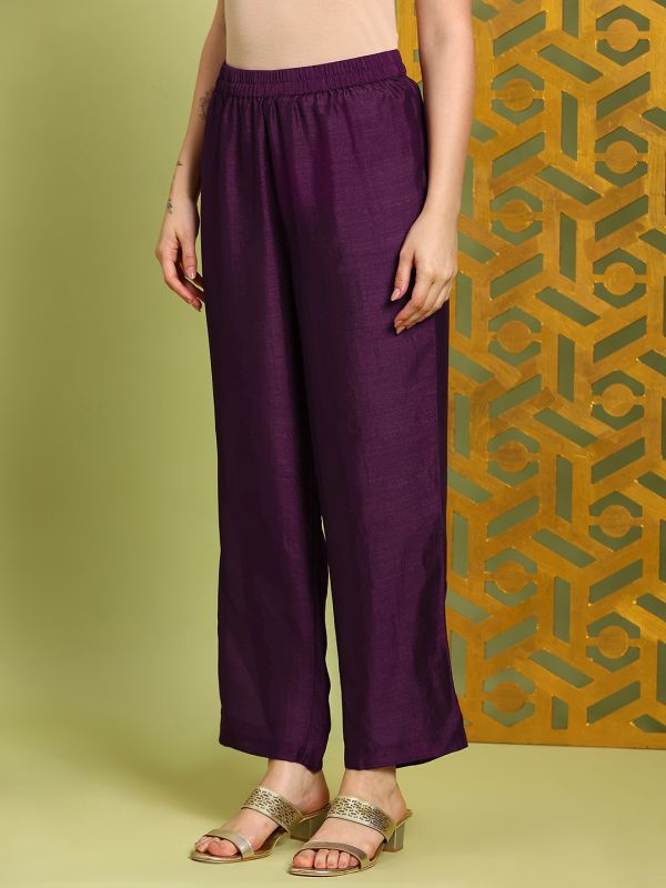 Globus Women Purple Sequin Embroidered Keyhole Neck Anarkali Kurta With Wide Leg Pants Festive Set