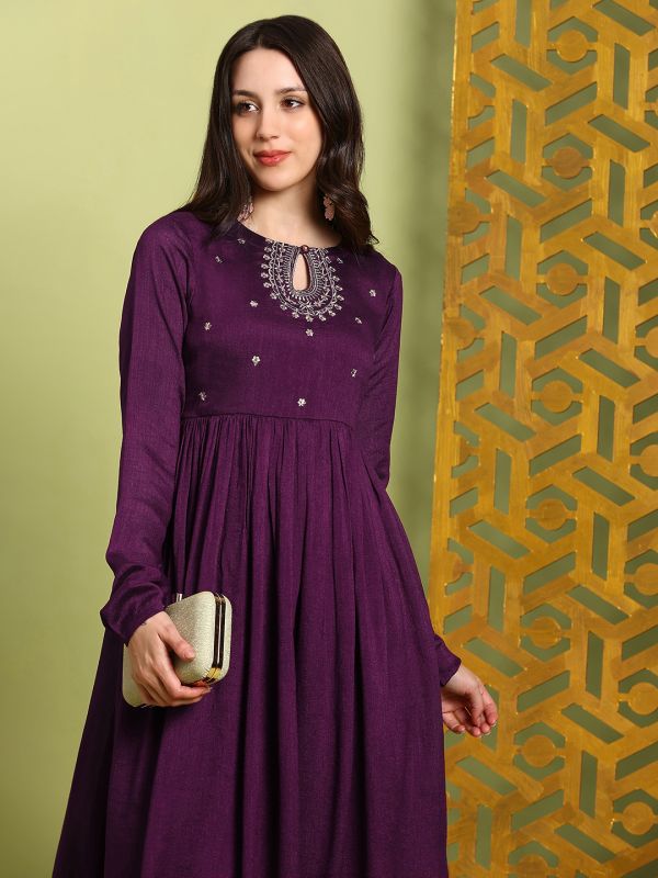 Globus Women Purple Sequin Embroidered Keyhole Neck Anarkali Kurta With Wide Leg Pants Festive Set