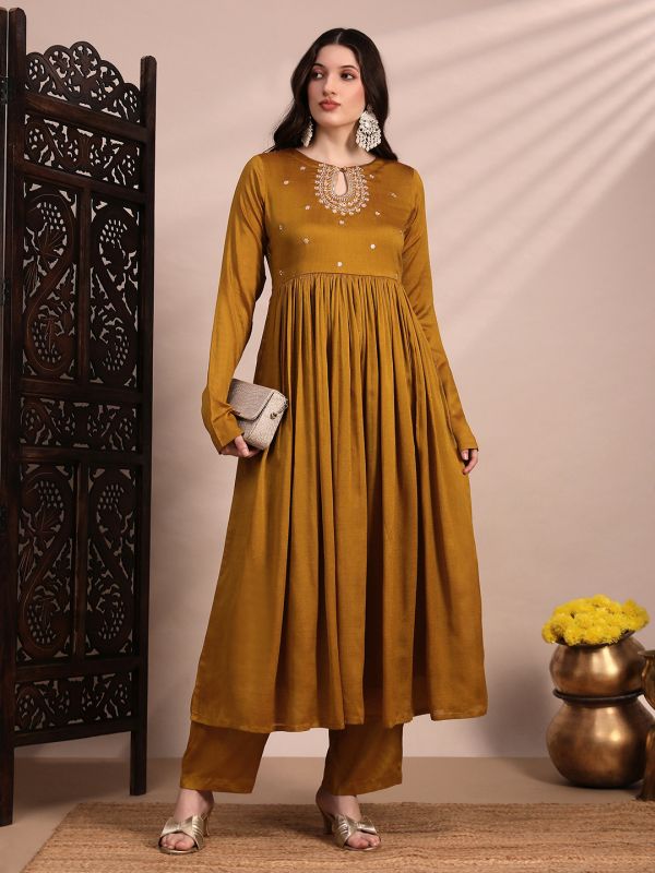 Globus Women Yellow Sequin Embroidered Yoke Keyhole Neck Long Sleeves Anarkali Kurta With Wide Leg Pants Festive Set