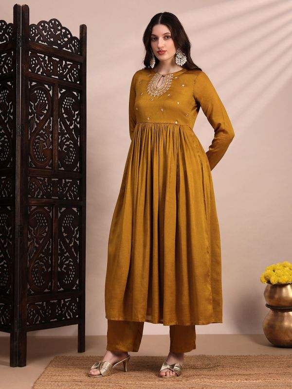 Globus Women Yellow Sequin Embroidered Yoke Keyhole Neck Long Sleeves Anarkali Kurta With Wide Leg Pants Festive Set