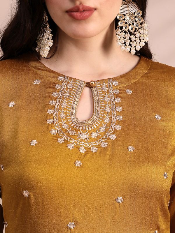 Globus Women Yellow Sequin Embroidered Yoke Keyhole Neck Long Sleeves Anarkali Kurta With Wide Leg Pants Festive Set