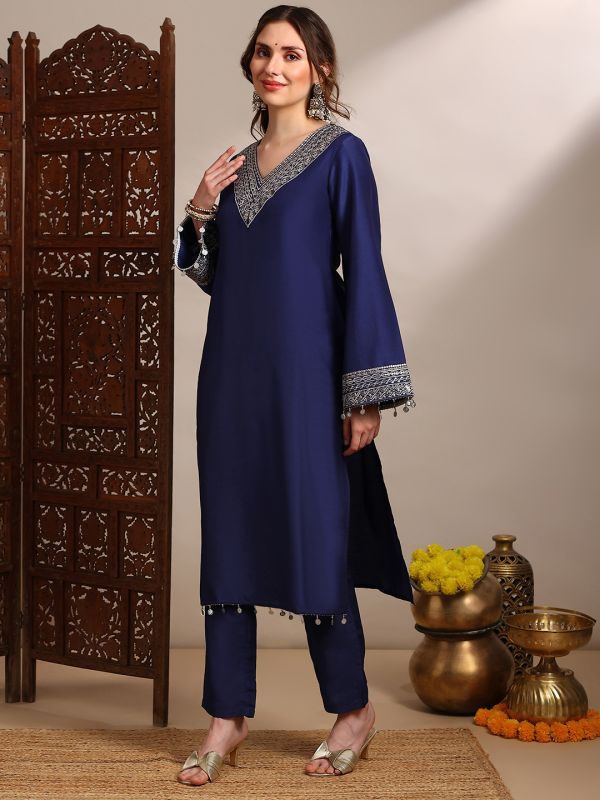Globus Women Blue Sequin Zari Embroidered V-Neck Bell Sleeves Coin Detail Hem Straight Kurta With Pants Festive Set