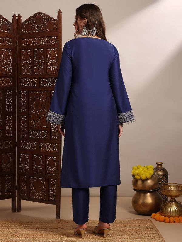 Globus Women Blue Sequin Zari Embroidered V-Neck Bell Sleeves Coin Detail Hem Straight Kurta With Pants Festive Set