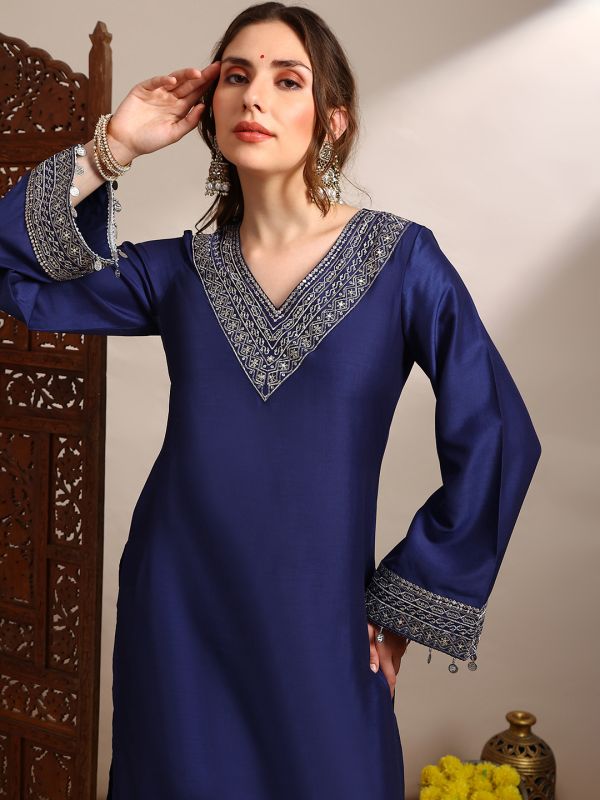 Globus Women Blue Sequin Zari Embroidered V-Neck Bell Sleeves Coin Detail Hem Straight Kurta With Pants Festive Set