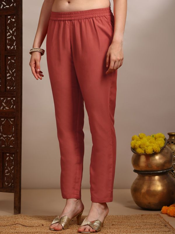 Globus Women Orange Sequin Zari Embroidered V-Neck Bell Sleeves Coin Detail Hem Straight Kurta With Pants Festive Set