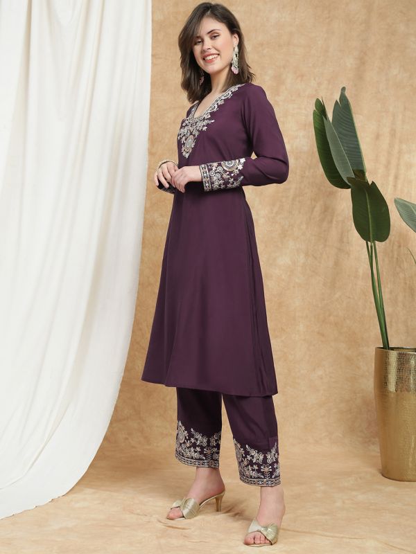 Globus Women Purple V-Neck Long Sleeves Sequin Zari Embroidered A-Line Kurta With Pant Festive Set