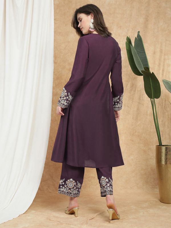Globus Women Purple V-Neck Long Sleeves Sequin Zari Embroidered A-Line Kurta With Pant Festive Set