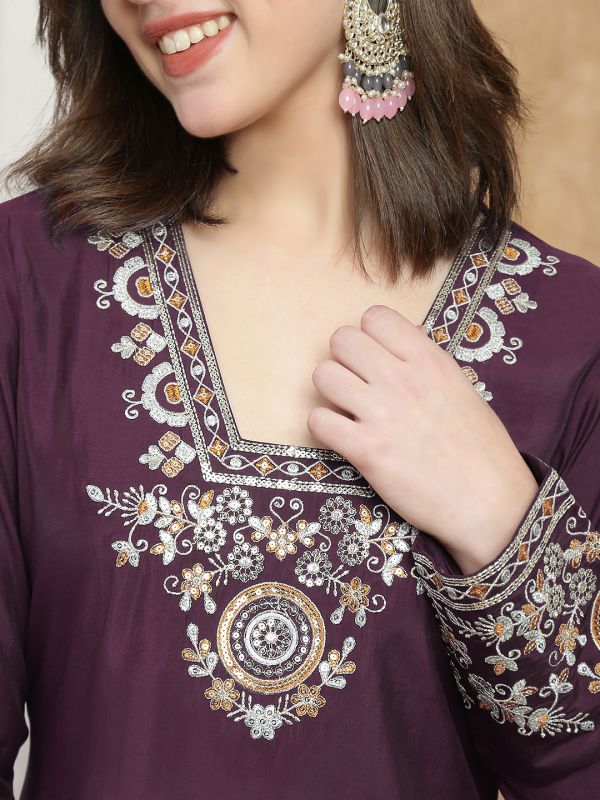 Globus Women Purple V-Neck Long Sleeves Sequin Zari Embroidered A-Line Kurta With Pant Festive Set