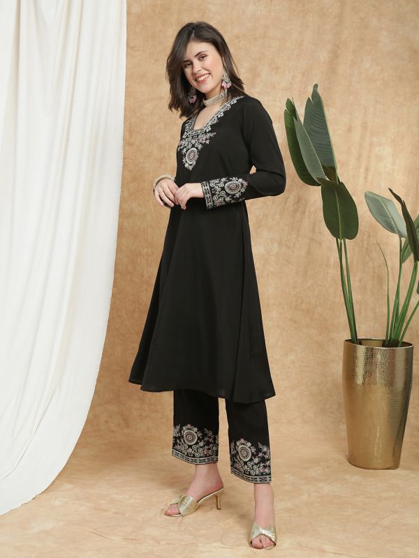 Globus Women Black V-Neck Long Sleeves Sequin Zari Embroidered A-Line Kurta With Pant Festive Set