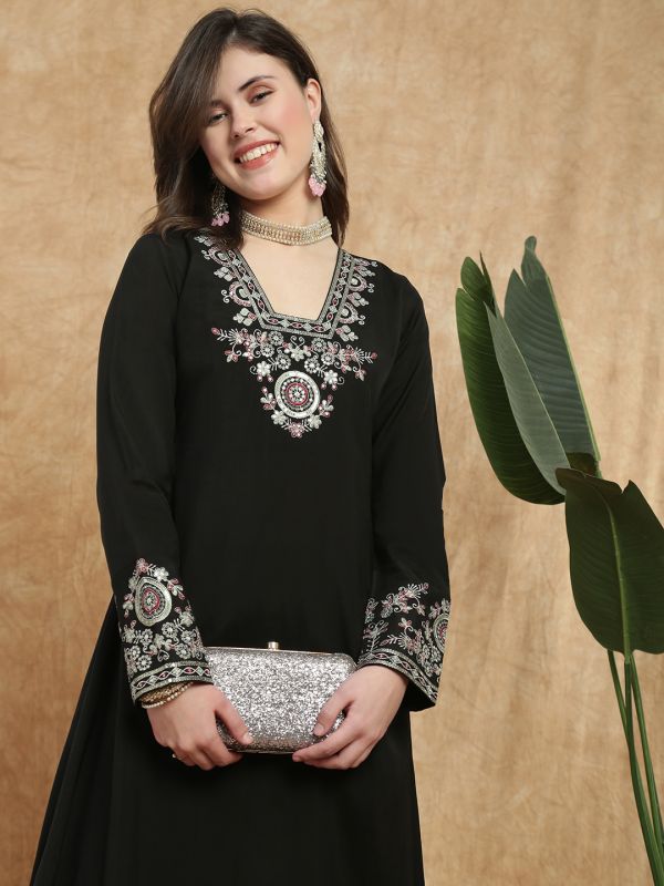 Globus Women Black V-Neck Long Sleeves Sequin Zari Embroidered A-Line Kurta With Pant Festive Set