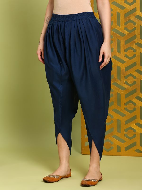 Globus Women Navy Blue Round Neck Bell Sleeves Gold Foil Ethnic Print Straight Kurta With Dhoti Pants Festive Set