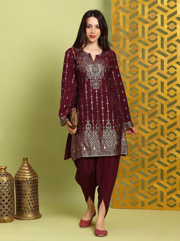 Globus Women Purple Round Neck Bell Sleeves Gold Foil Ethnic Print Straight Kurta With Dhoti Pants Festive Set