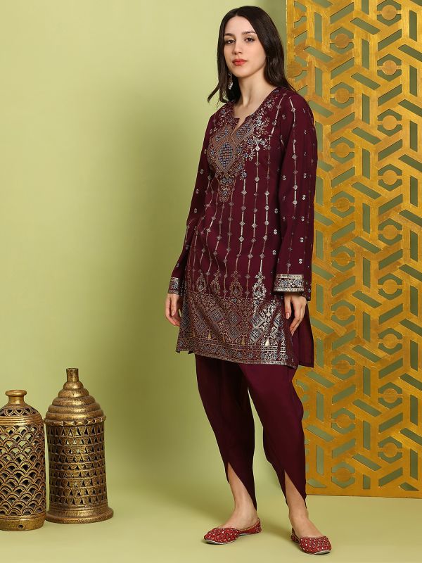 Globus Women Purple Round Neck Bell Sleeves Gold Foil Ethnic Print Straight Kurta With Dhoti Pants Festive Set