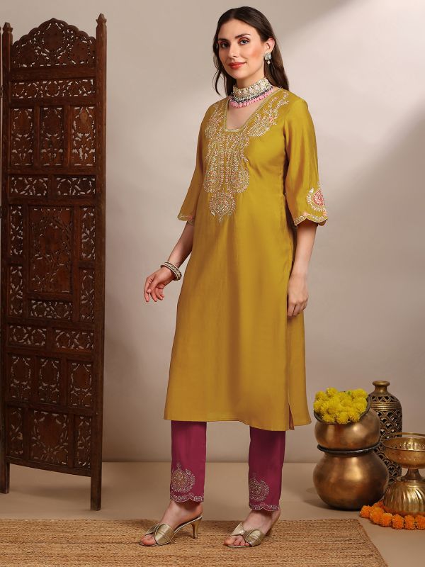 Globus Women Yellow Zari Embroidered Yoke V-Neck Scalloped Bell Sleeves Straight Kurta With Pants Festive Set